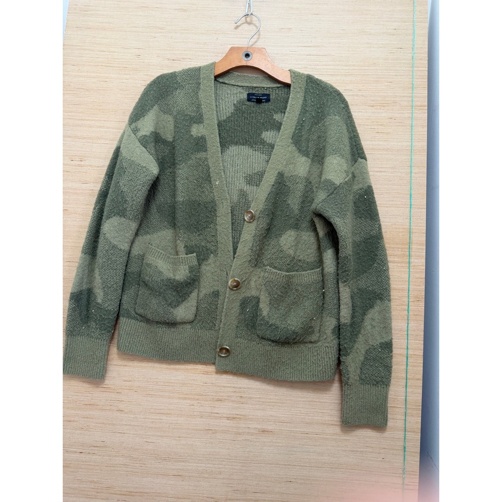 Lucky Brand Green Camouflage Button Front V-Neck‎ Cardigan Sweater Small 5195
